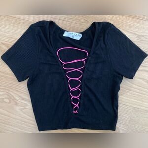 Emma & Sam Black Pink Lace-Up Crop Top XS